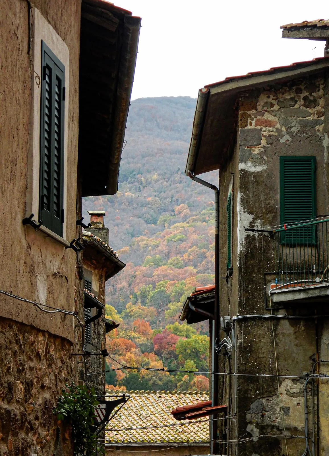Vicolo di un borgo dei Monti Cimini con case in pietra e, sullo sfondo, il bosco del Monte Cimino con i colori dell'autunno