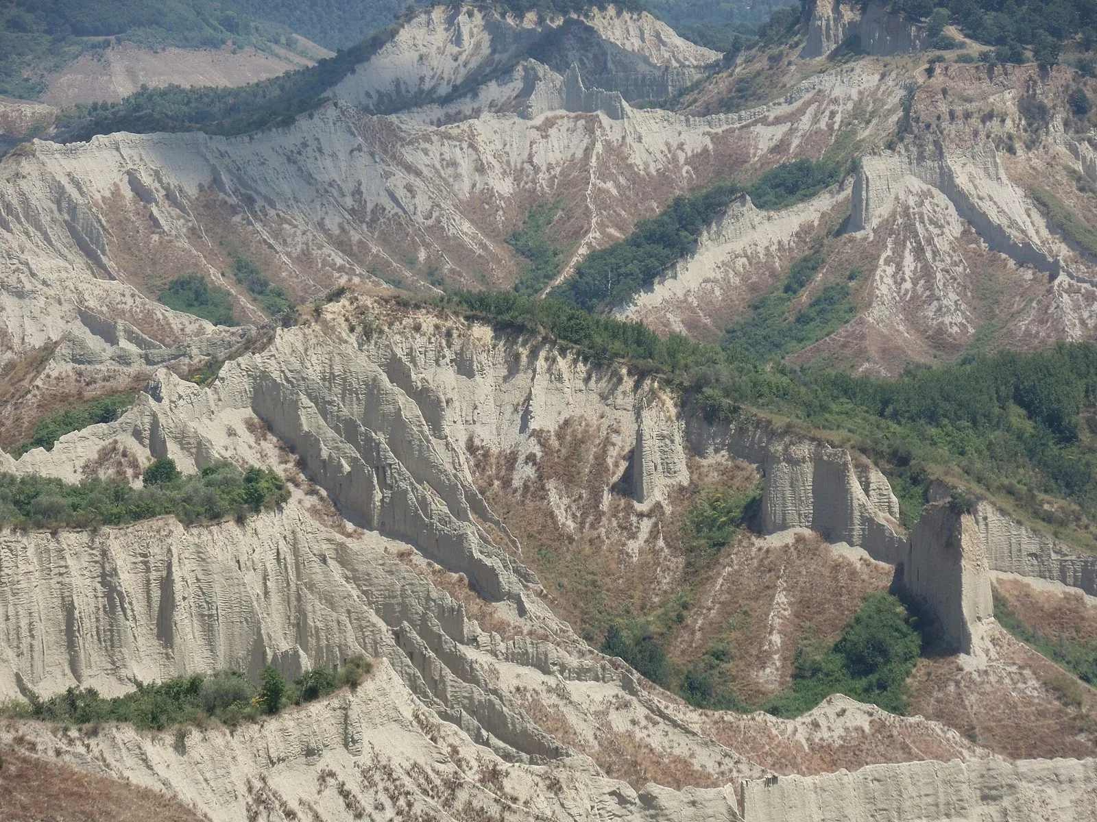 Le creste argillose della Valle dei Calanchi, solcate dall'erosione, con macchie di vegetazione tra i pendii grigi